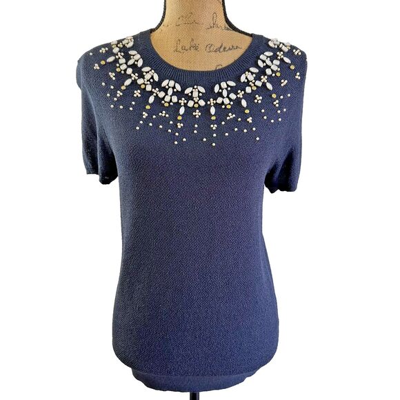 Tori Burch Women's Navy Embellished Short Sleeve Stretchy Sweater Top Sz L - Picture 2 of 13